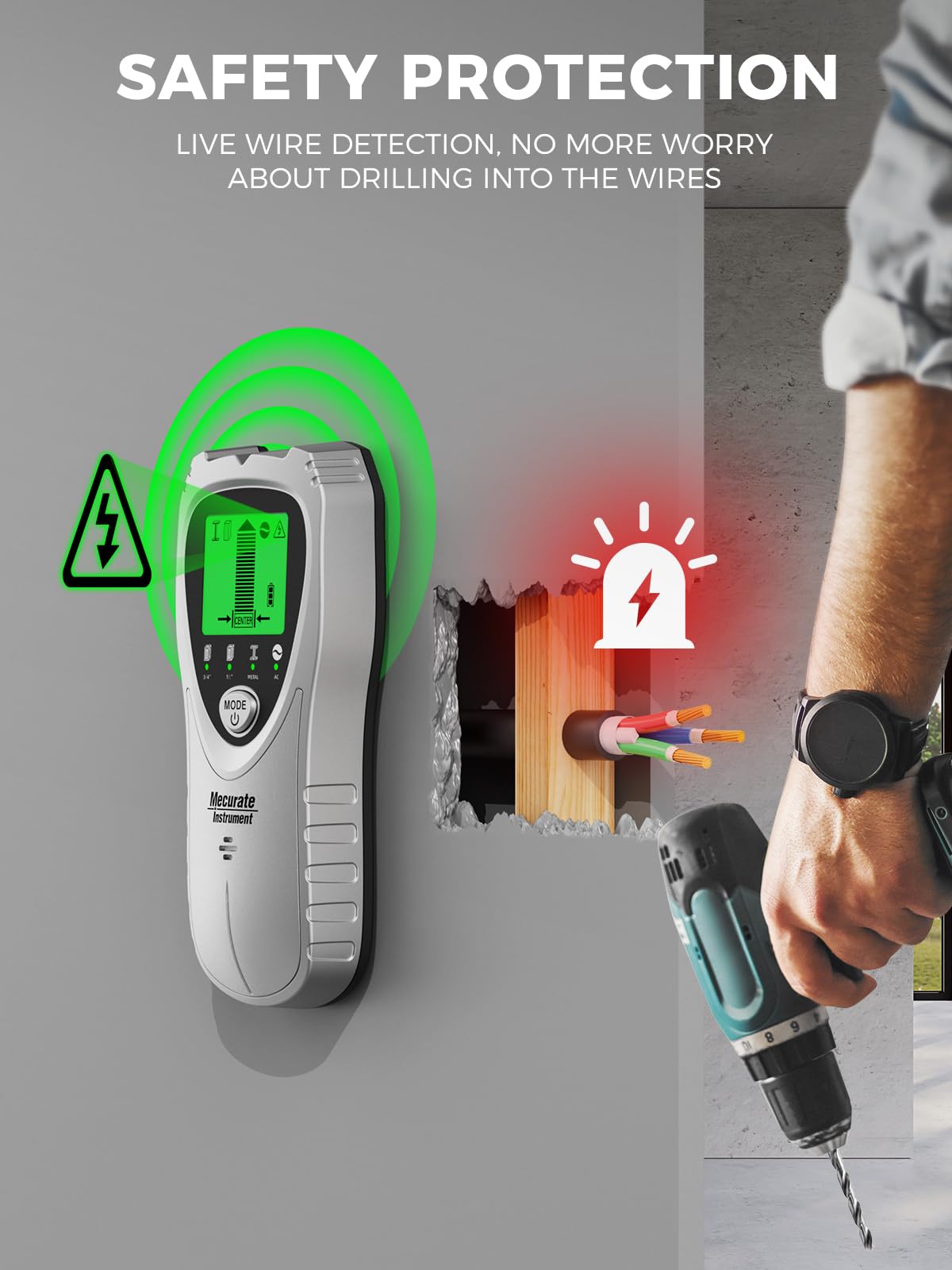 Mecurate Stud Finder Wall Scanner Sensor - 5 in 1 Electronic Stud with LCD Display & Audio Alarm for Wood AC Live Wire Metal Studs Detection Joist Pipe