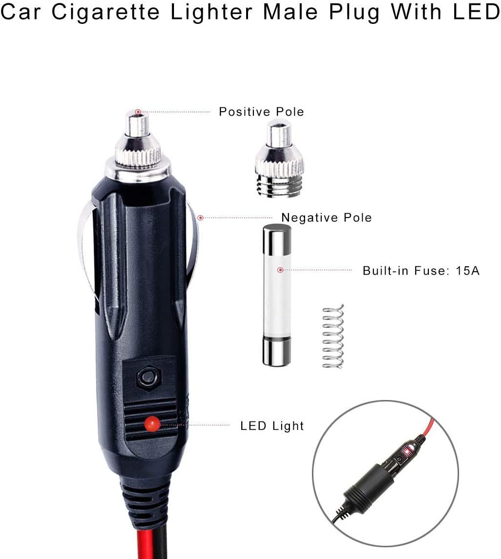 12V Cigarette Lighter Extension Cord 12FT -Car Charger Cigar Lighter Male Plug to Female Socket 16AWG Heavy Duty Extension Cable with LED Lights Extender for Air Compressor Pump and Tire Inflator 15A