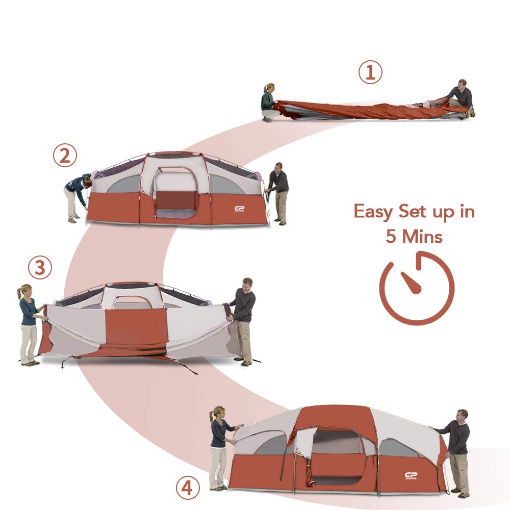 CAMPROS CP Tent 8 Person Camping Tents, Weather Resistant Family Tent, 5 Large Mesh Windows, Double Layer, Divided Curtain for Separated Room, Portable with Carry Bag
