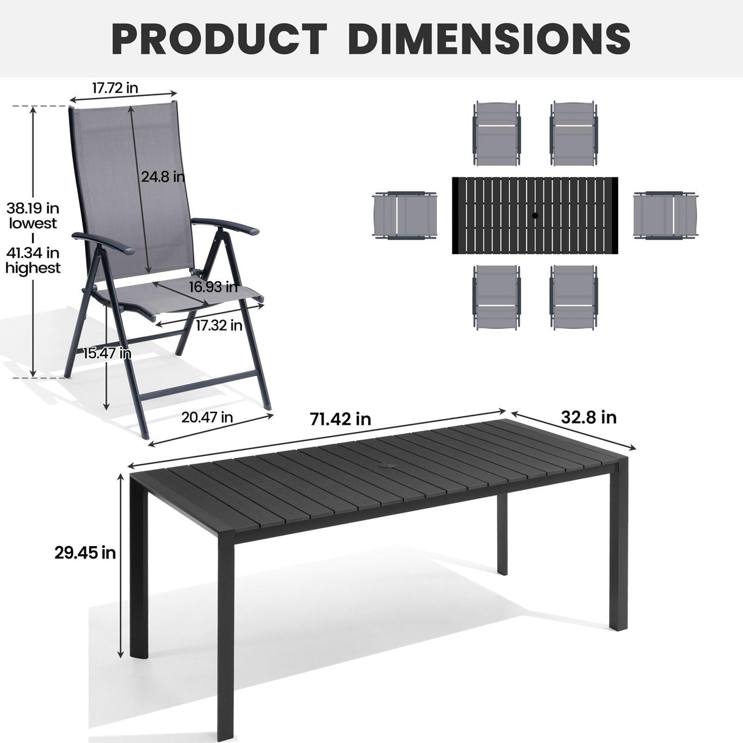 Crestlive Products 7 Pieces Patio Dining Set for 6, Outdoor Table and Folding Dining Chairs 70in Rectangle Aluminum Table with Umbrella Hole Foldable Adjustable High Back Patio Chairs, Grey