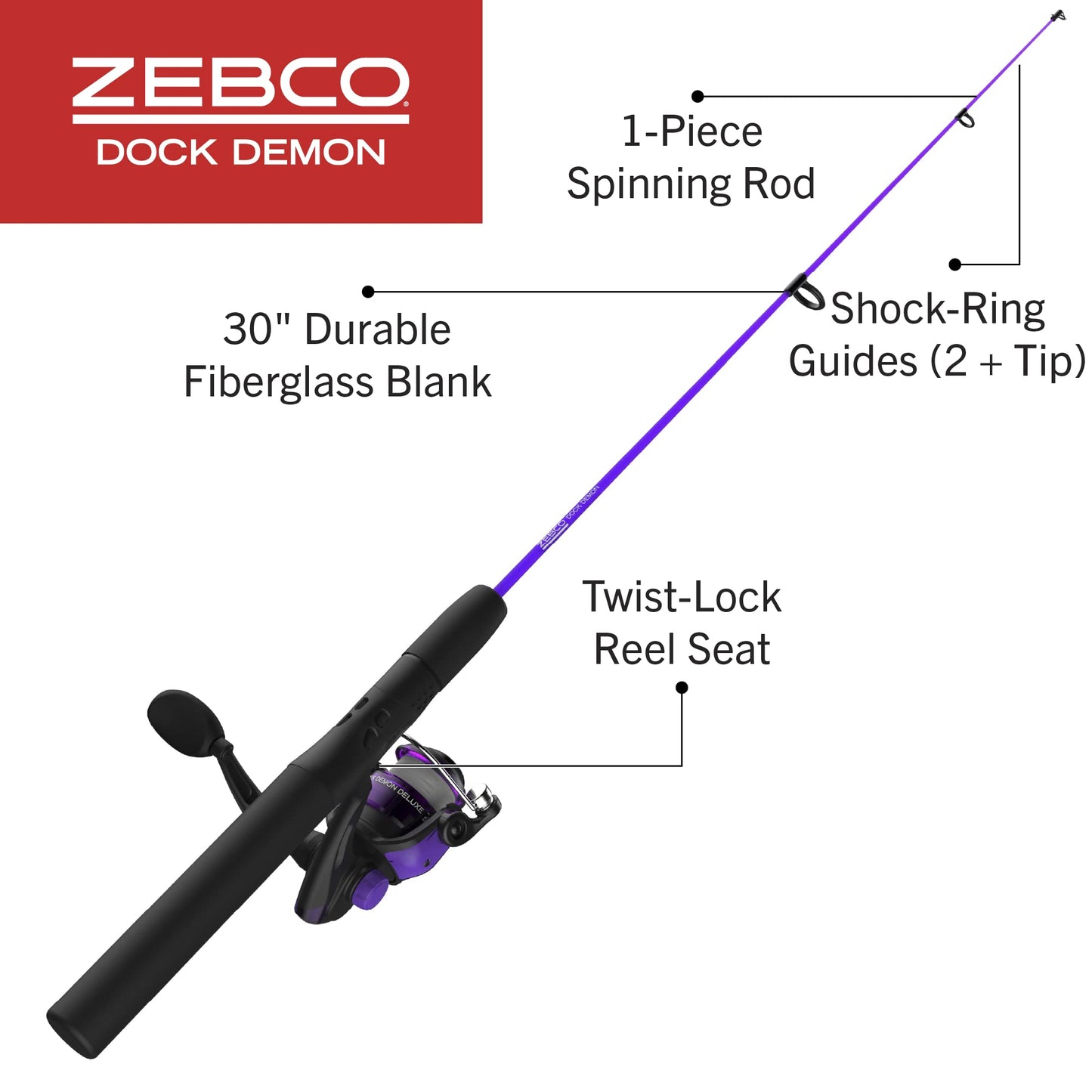 Zebco Dock Demon Spinning Reel and Fishing Rod Combo, 30-inch 1-Piece Fiberglass Fishing Pole, EVA Rod Handle, Size 10 Reel, Powertrain Drag, Pre-Spooled with 6-Pound Zebco Line, Purple