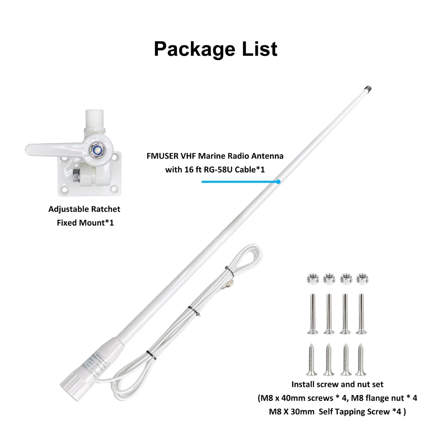 VM100 VHF Marine Radio Antenna,44 Inch Waterproof Fiberglass Boat Antenna with Adjustable Ratchet Fixed Mount and 16 ft RG-58U Cable