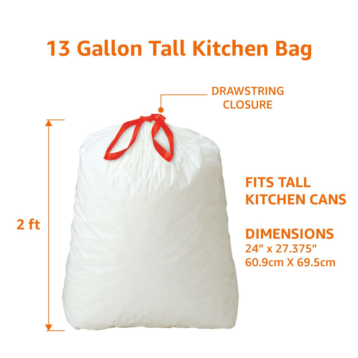 Amazon Basics Trash Bags, Tall Kitchen Drawstring, Unscented, 13 Gallon, 200 Count, Pack of 1