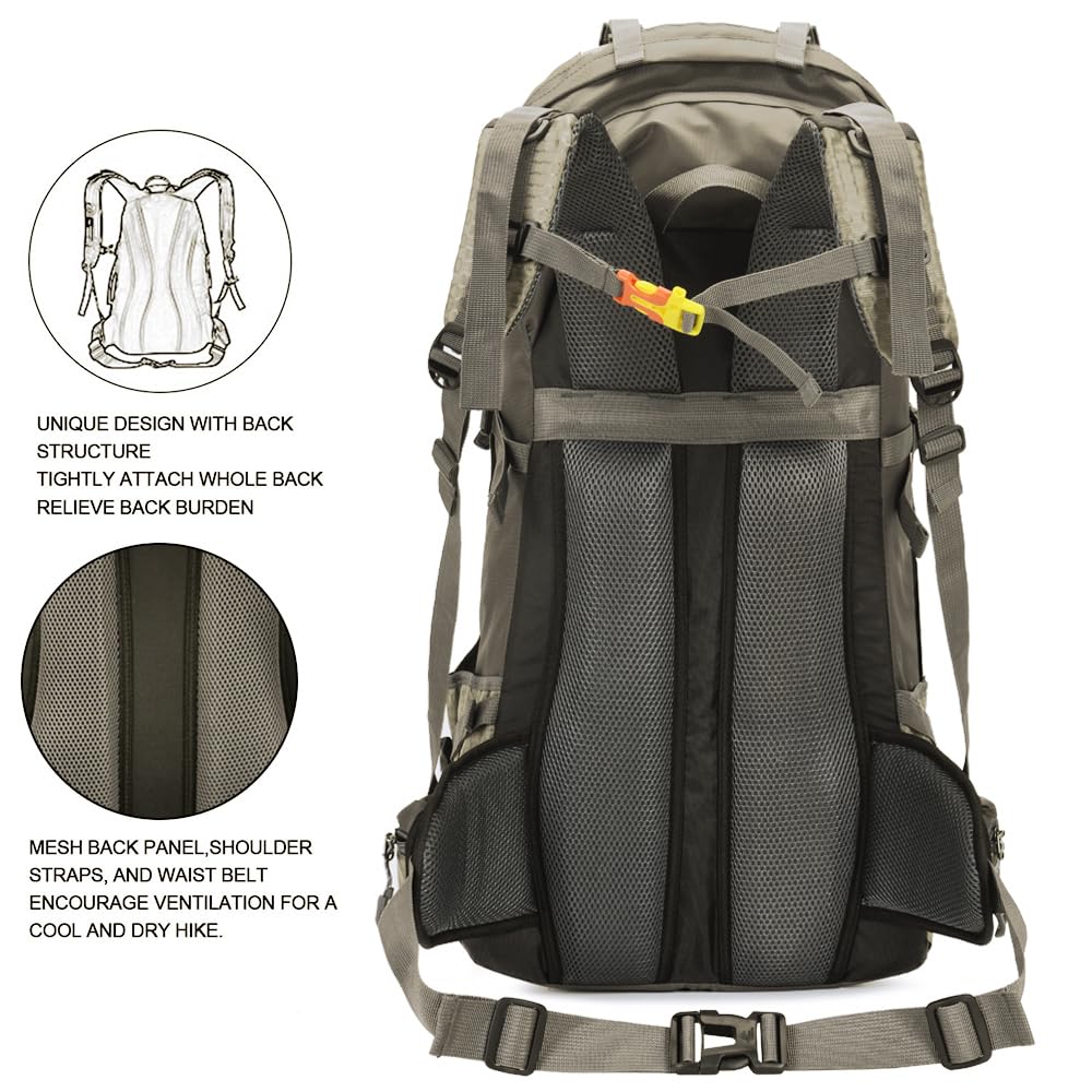 Bseash 60L Waterproof Hiking Camping Backpack with Rain Cover, Large Outdoor Sport Travel Daypack Rucksack for Climbing