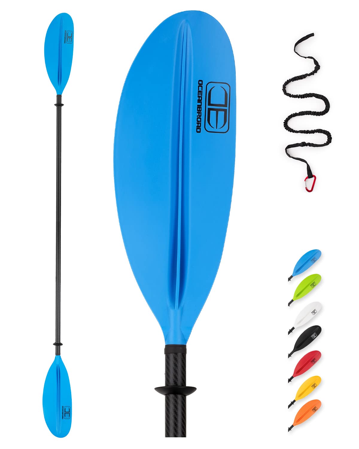 OCEANBROAD Carbon Fiber Kayak Paddle 90.5in/230cm, 86in/218cm for Adults Kayaking Boating Canoeing Oar with Paddle Leash