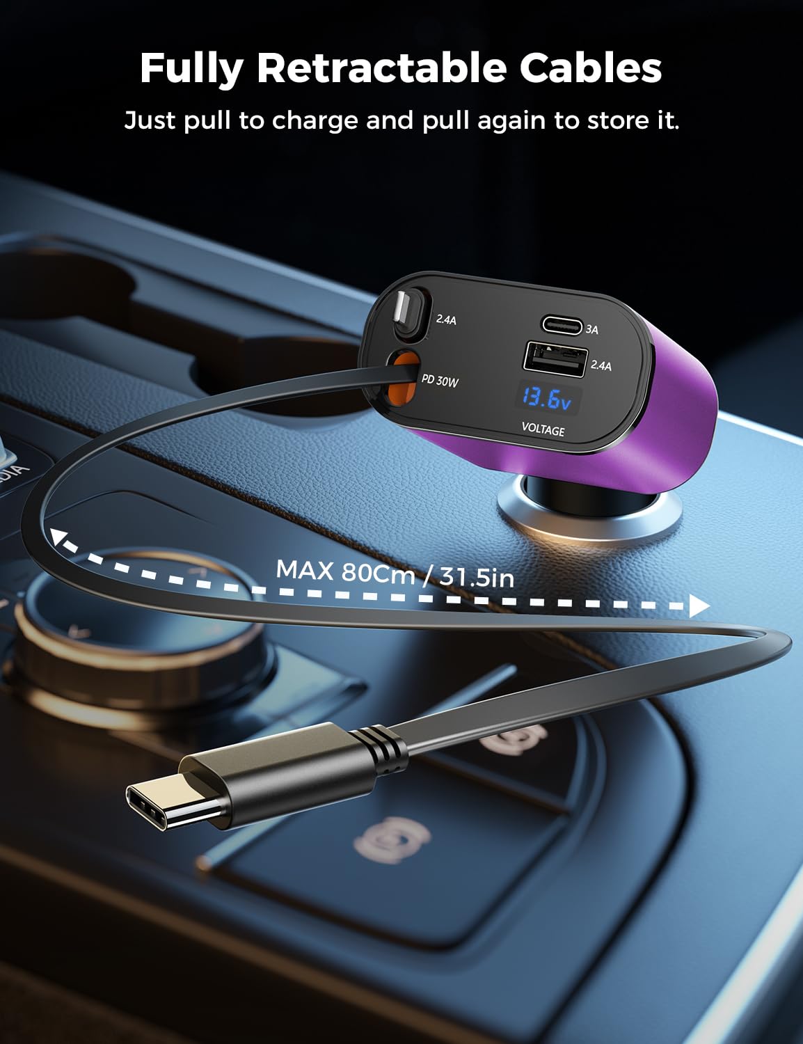【Upgraded】 SUPERONE Retractable Car Charger 4 in 1, Fast Car Phone Charger with Cord 2.6ft, USB C and Apple Car Adapter, Compatible with iPhone 16 15/15 Pro Max/14/13/12/11, Galaxy, Pixel