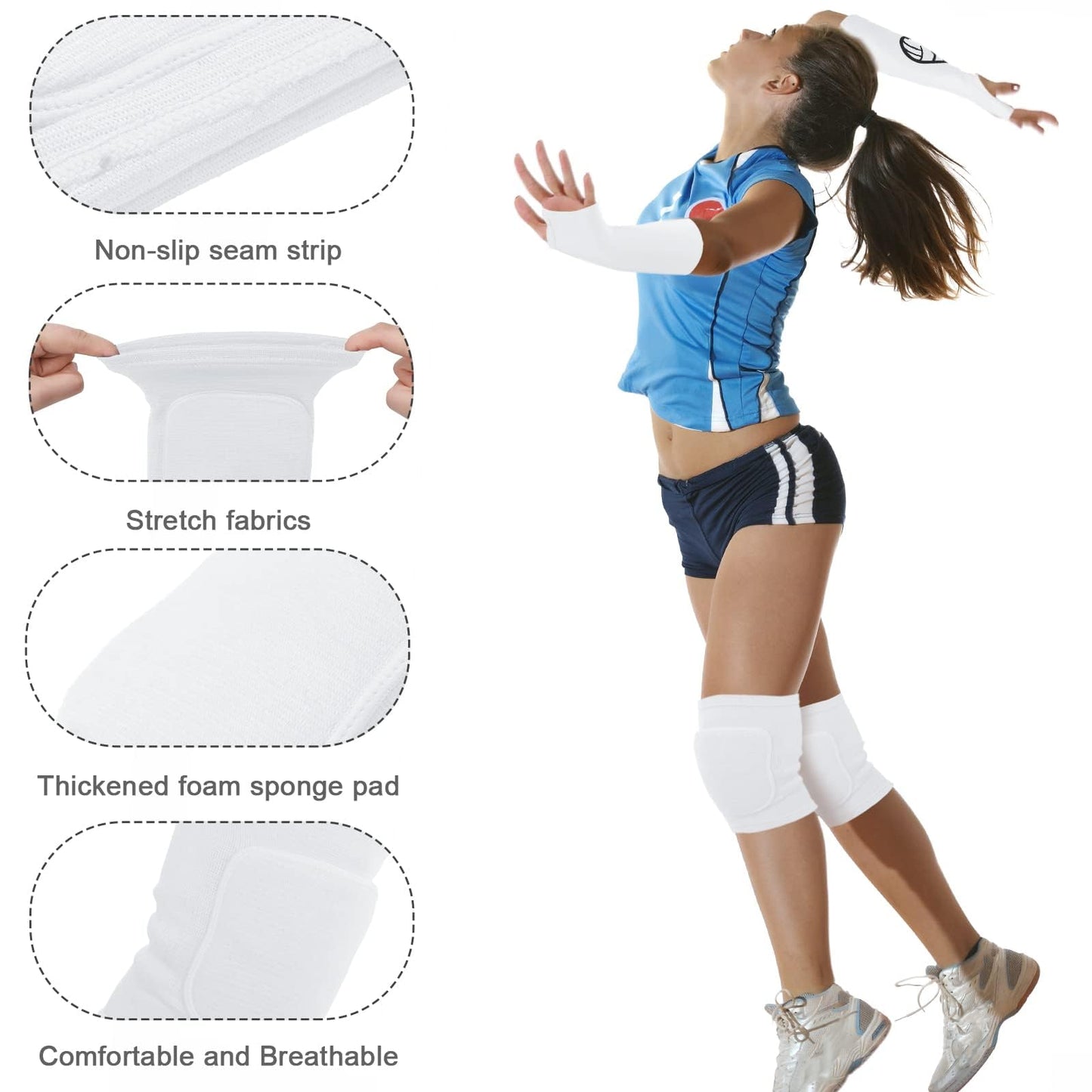 Sosation 2 Set Volleyball Knee Pads and Volleyball Arm Sleeves with Protection Pad Compression Forearm Wrist Guard with Thumb Hole Soft Breathable for Hitting Passing(Black, White)