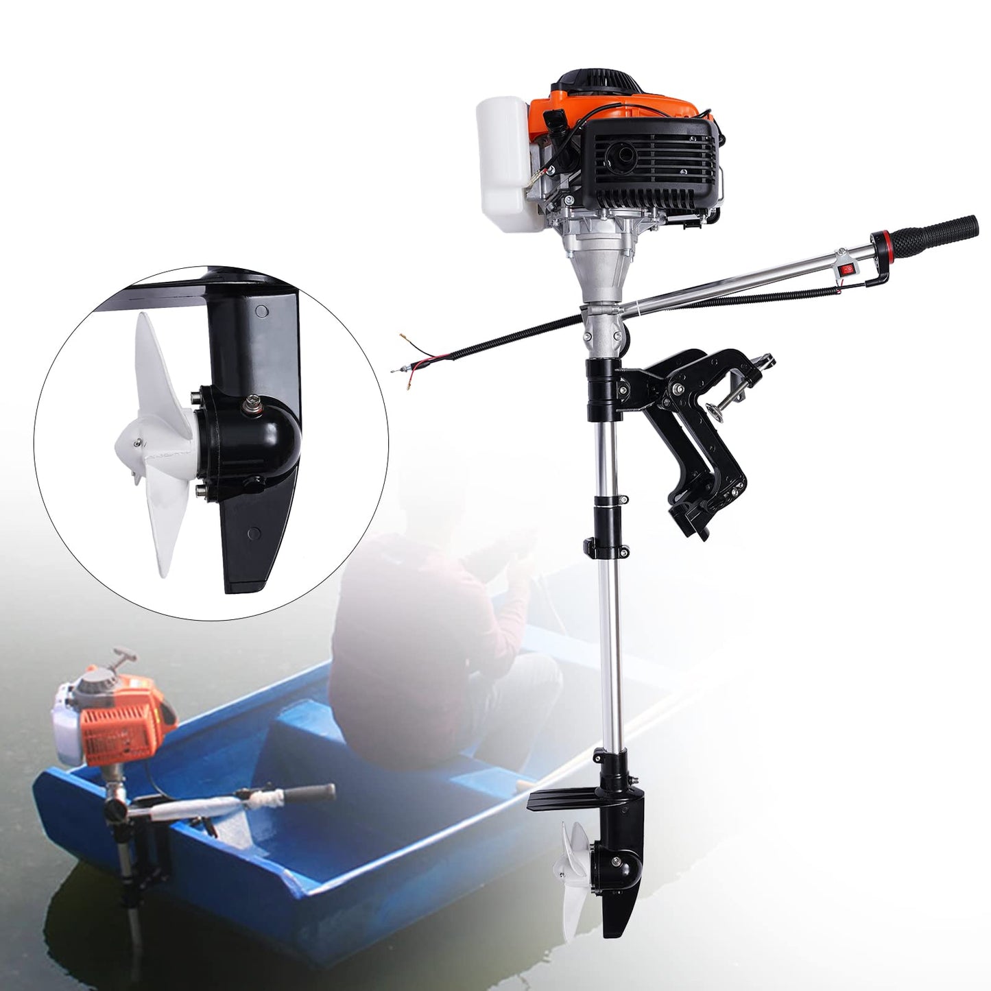 2-Stroke 3.5HP Outboard Motor, 49CC Gas Powered Fishing Marine Heavy Duty Boat Engine, Short Shaft Tiller Control Half Water-cooling Air-cooling CDI Ignition System for Inflatable Yachts Canoes Boat
