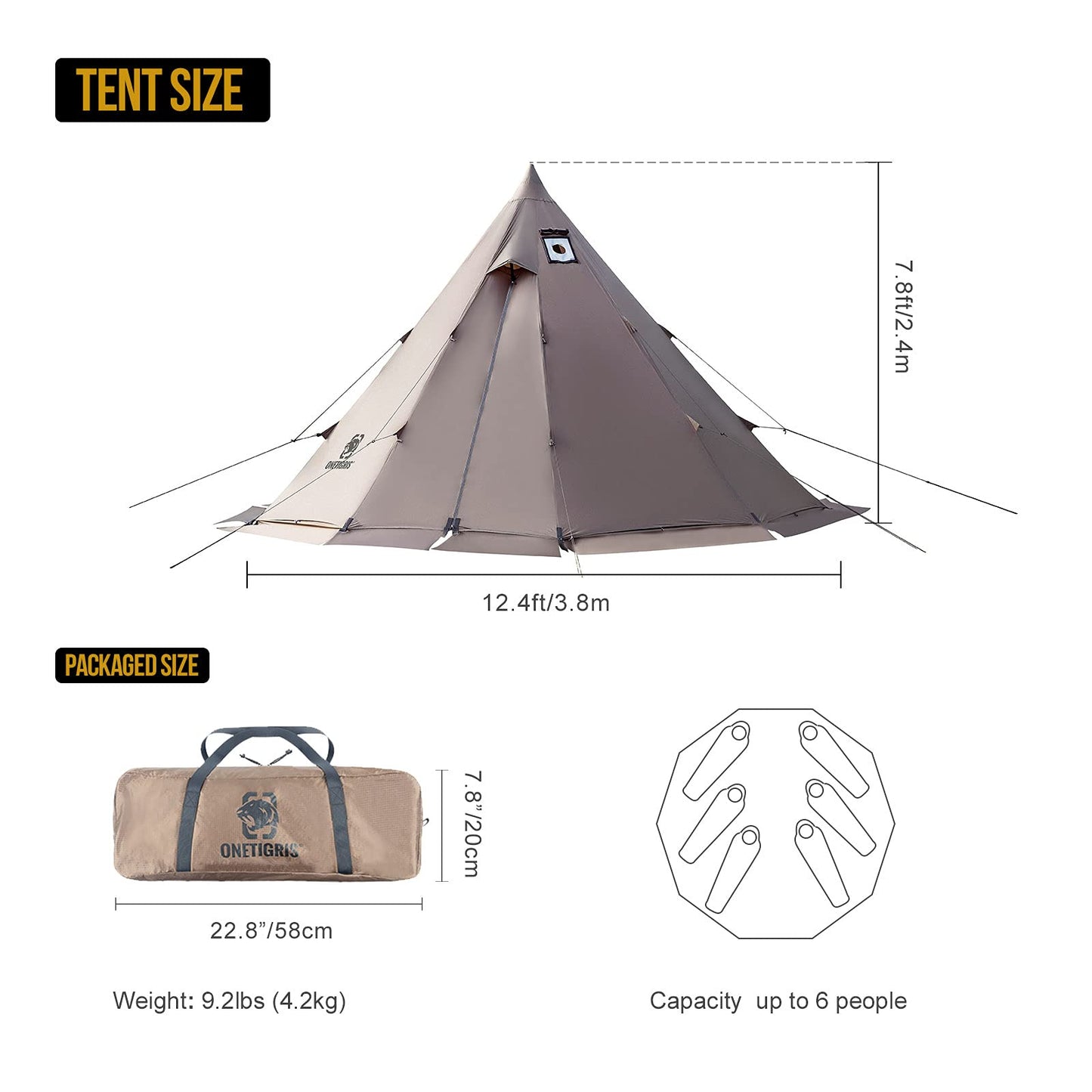 OneTigris Rock Fortress Hot Tent With Stove Jack, 4 Season, 4-6 Person Tipi for Camping, Backpacking, Hunting, Fishing - Waterproof, Wind-Proof