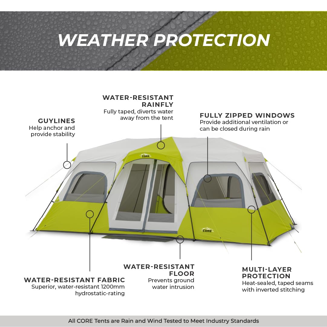 CORE Instant Cabin Tents | 6 Person / 9 Person / 10 Person / 12 Person Family Cabin Multi Room Pop Up Tents Car Camping | Included Storage Pockets for Camping Accessories