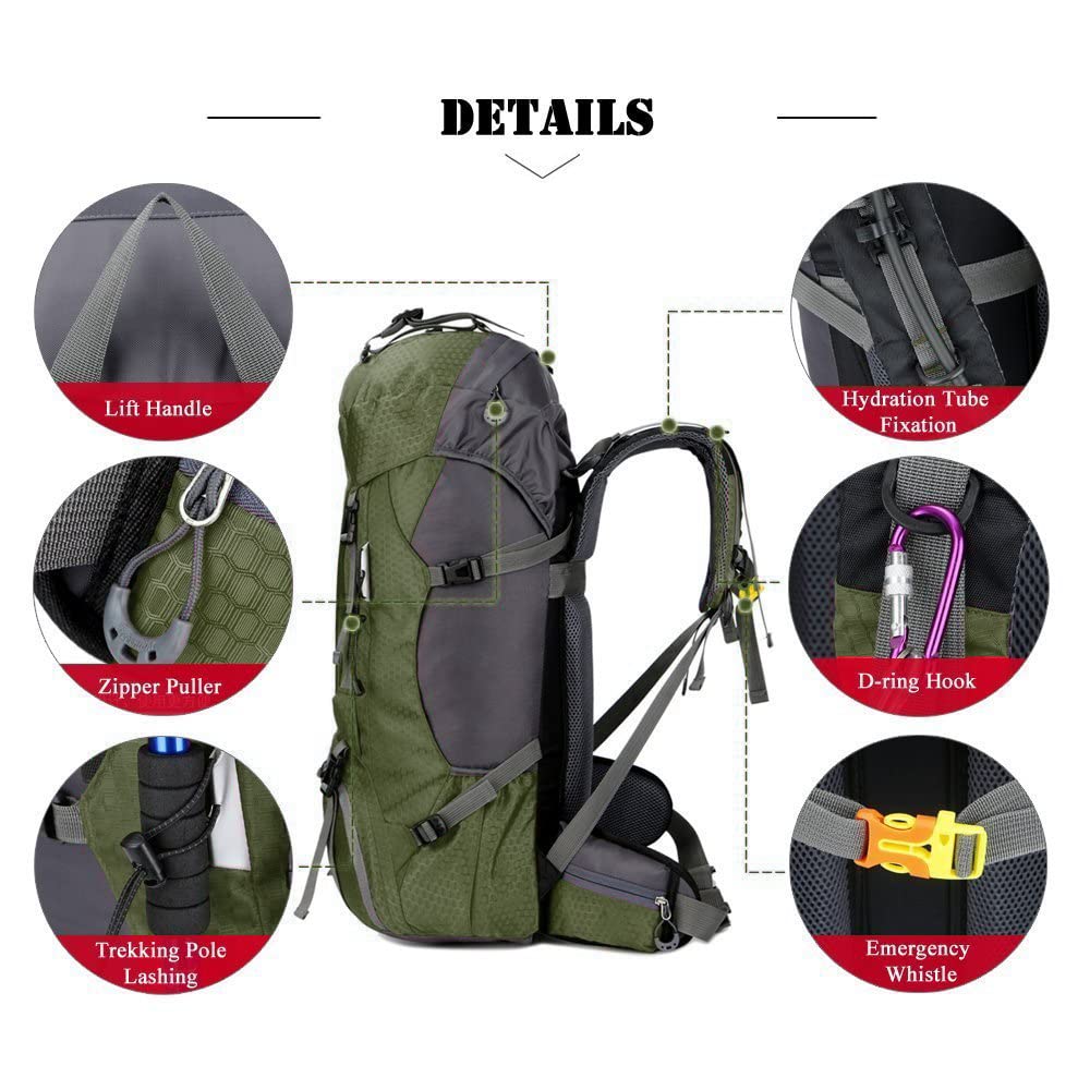 Bseash 60L Waterproof Hiking Camping Backpack with Rain Cover, Large Outdoor Sport Travel Daypack Rucksack for Climbing