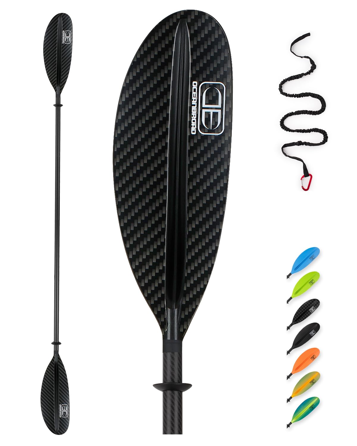 OCEANBROAD Carbon Fiber Kayak Paddle 90.5in/230cm, 86in/218cm for Adults Kayaking Boating Canoeing Oar with Paddle Leash