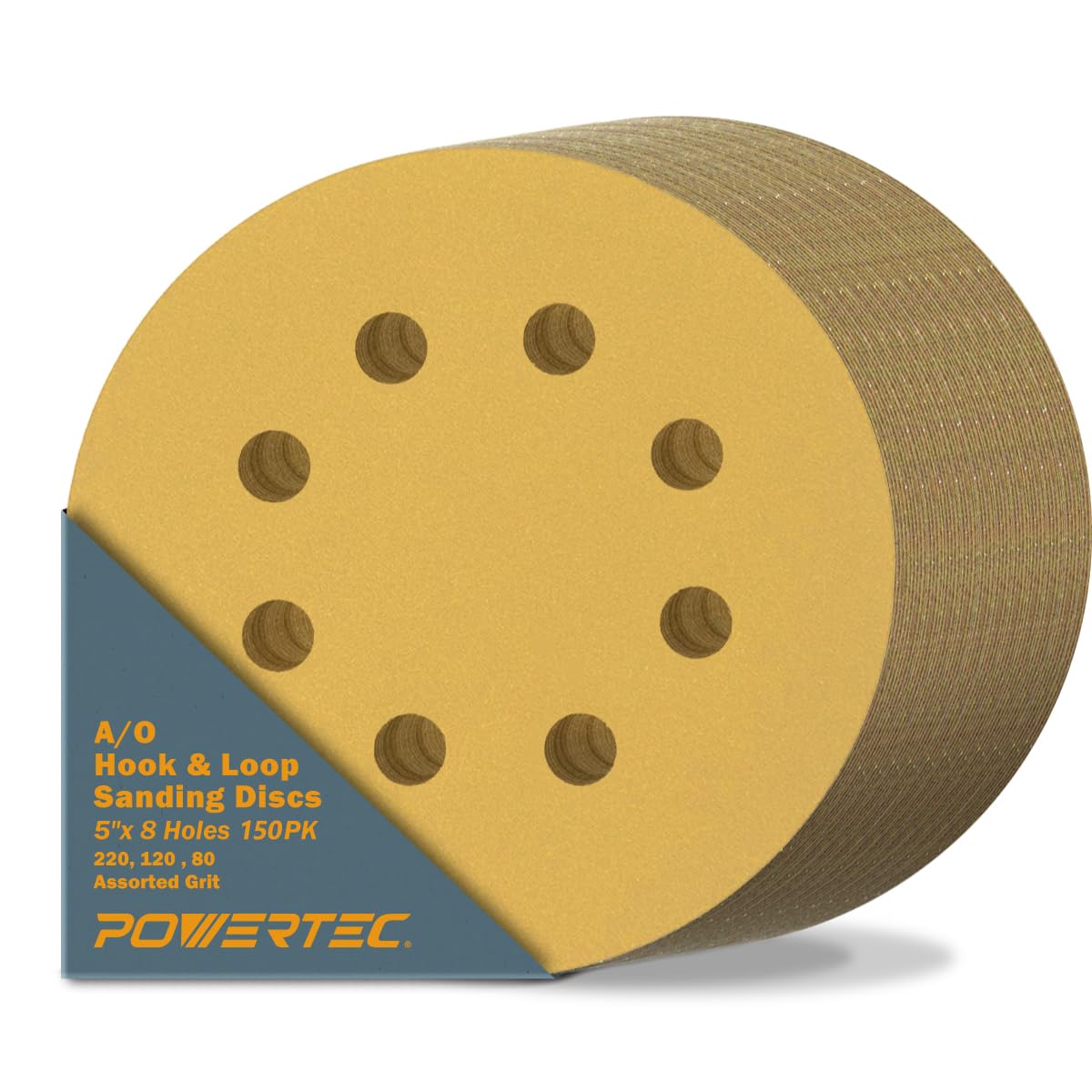 POWERTEC 50 PCS 220 Grit - 5 Inch 8 Hole Hook and Loop Sanding Discs, 5" Sanding Pads for Automotive, Drywall, Woodworking with Orbital Sander, Air, and DA Sander (44022G-50)