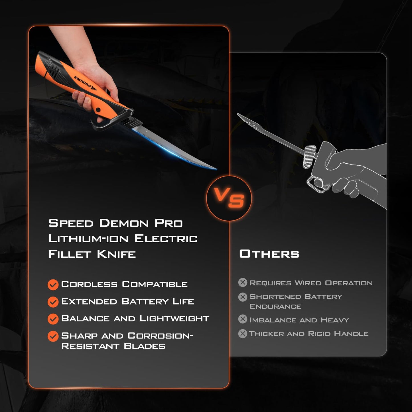 KastKing Lithium-ion Electric Fillet Knife (Speed Demon Pro) - Rechargeable, Cordless, High Speed, Extended Battery Life, Superior Blade, Ergonomic Handle, Carry Case Fishing, Filleting, Outdoors