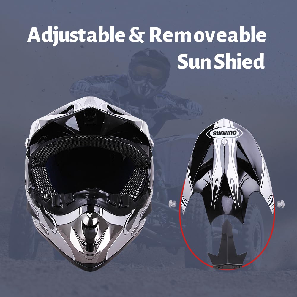 Adult Motocross Dirt Bike Helmet with Goggle, Gloves & Mask - DOT/FMVSS-218 Off-Road Motorcycle & ATV Helmet with Adjustable Sun Visor
