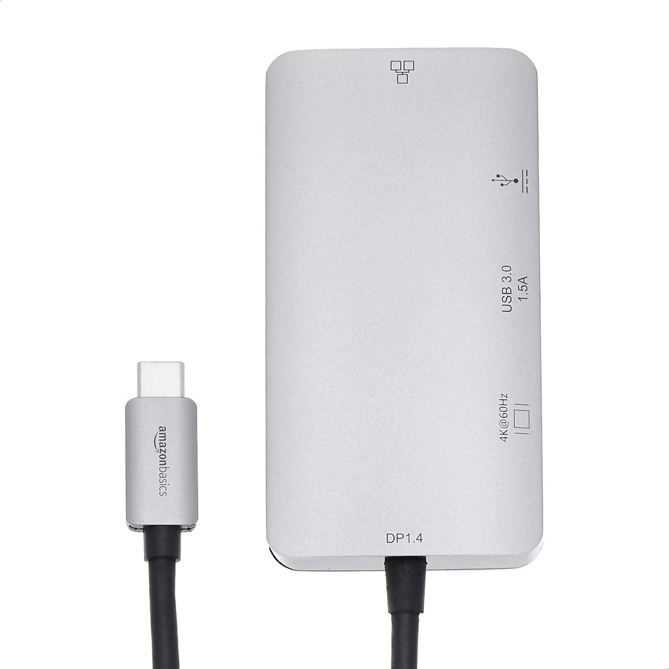Amazon Basics 4-in-1 USB-C Adapter with HDMI, Ethernet Port, USB 3.0 and 100W PD Charging, Thunderbolt 3 Compatible, Gray, 3.35 x 1.77 x 0.51 inches