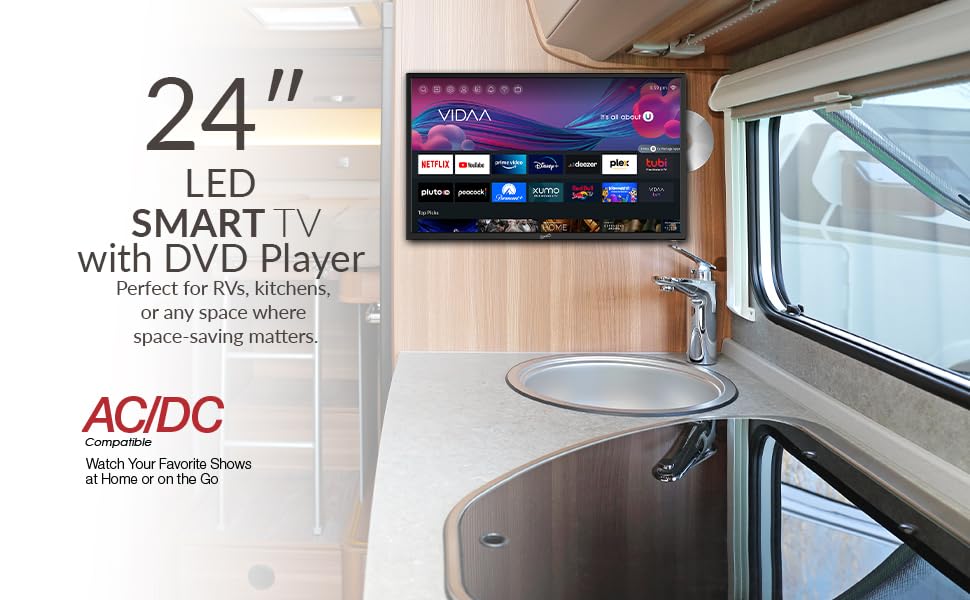 Supersonic SC-2426SDVD 24-inch LED Smart HDTV w/DVD Player, ATSC & NTSC System, 3X HDMI, 1080p, WiFi, USB, Multi Language OSD, AC/DC Compatible for Home, Kitchen, or RV Camper, DC Car Cord Included