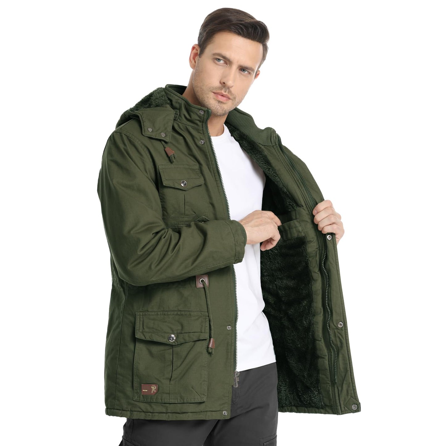 CHEXPEL Men's Thick Winter Jackets with Hood, Fleece Lining, Cotton Military Work Jackets with Cargo Pockets, Outwear