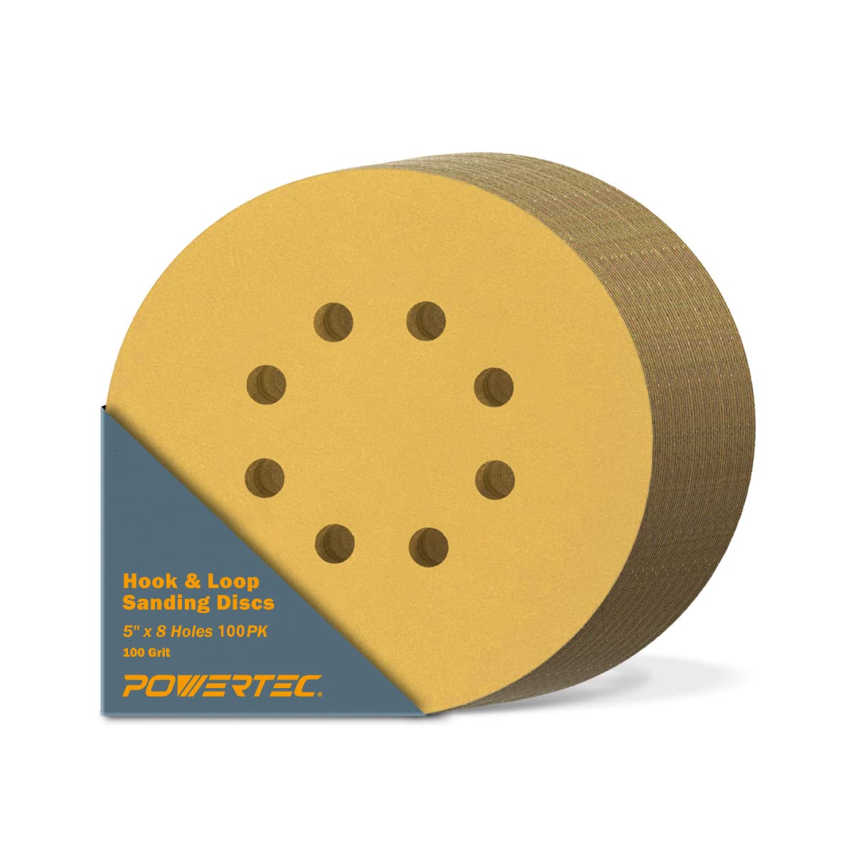 POWERTEC 50 PCS 220 Grit - 5 Inch 8 Hole Hook and Loop Sanding Discs, 5" Sanding Pads for Automotive, Drywall, Woodworking with Orbital Sander, Air, and DA Sander (44022G-50)