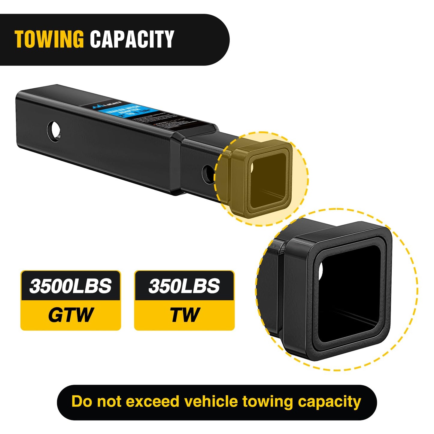 Nilight Trailer Hitch Receiver Extender Adapter Reducer 1-1/4 to 2Inch Hitch Adapter 6-1/2 inch Extension Sleeve Convertor 350Lbs with 1/2-Inch Diameter Pin and Clip with 5/8-Inch Adapter
