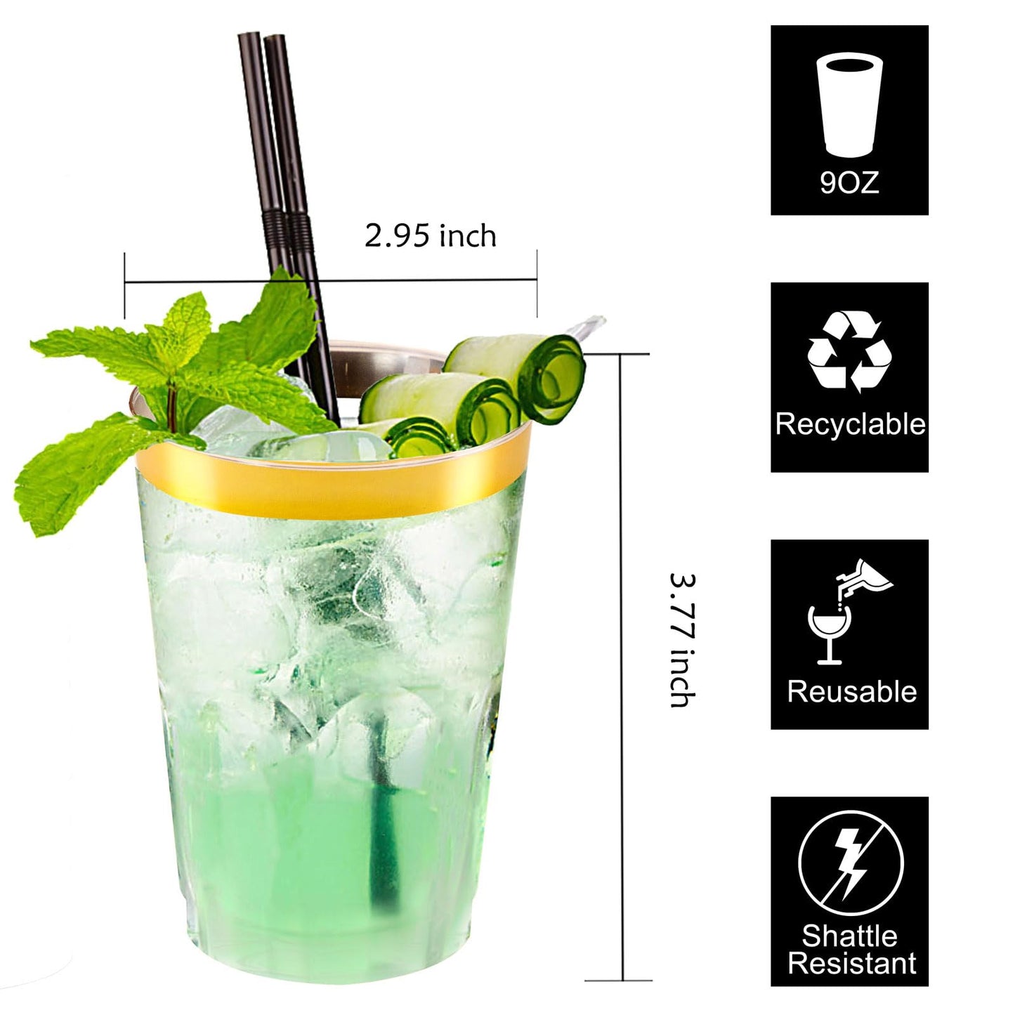 I00000 200 Pack Gold Plastic Cups, 9 Oz Elegant Clear Plastic Cups Gold Rimmed Disposable Wine Glasses Fancy Disposable Party Cups Wedding Cups Drinking Tumblers Plastic Cocktail Glasses with Gold Rim