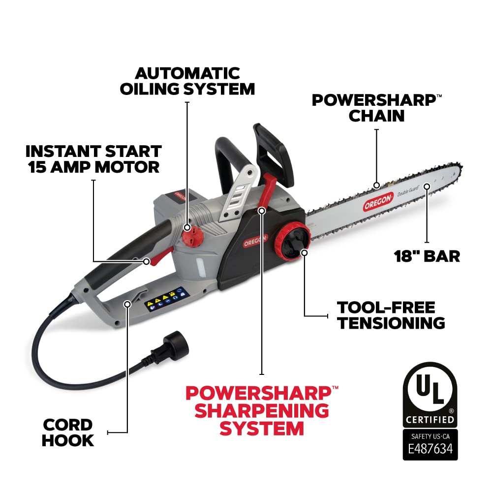 Oregon CS1500 18-inch 15 Amp Self-Sharpening Corded Electric Chainsaw, with Integrated Self-Sharpening System (PowerSharp), 2-Year Warranty, 120V, Grey, Black
