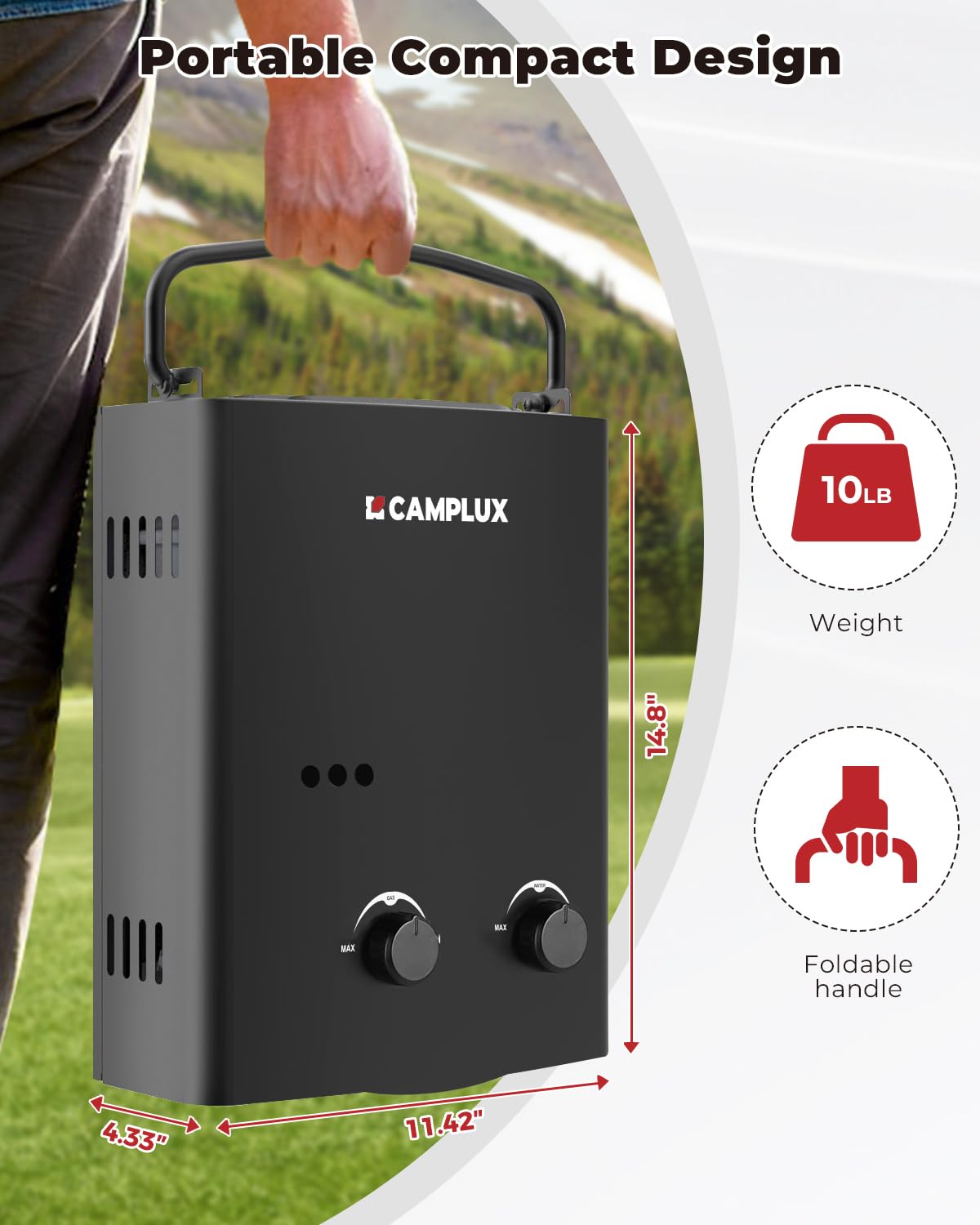 CAMPLUX Tankless Water Heater Outdoor, 1.32 GPM Portable Propane Camping Water Heater, 5L, AY132, White