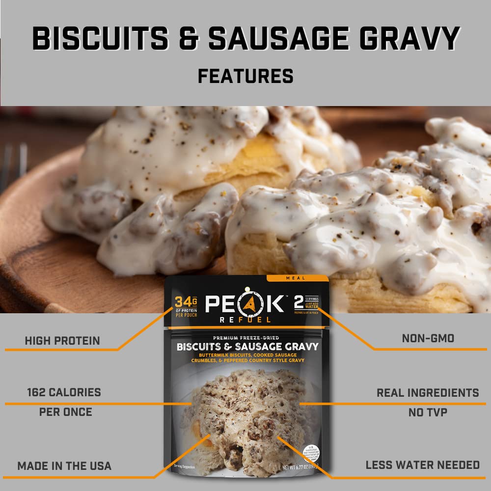 Peak Refuel Biscuits and Gravy | Premium Freeze Dried Camping Food | Backpacking & Hiking MRE Meals | Just Add Water | 100% Real Meat | 34g of Protein | 2 Serving Pouch (2 Serving Pouch)