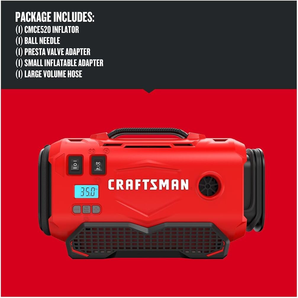 CRAFTSMAN V20 Tire Inflator, Portable Air Compressor, 3 Modes: Cordless, 120V Corded, and 12V Car Adapter, Air Pump, Battery Sold Separately (CMCE520B)