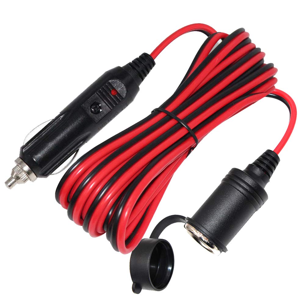 12V Cigarette Lighter Extension Cord 12FT -Car Charger Cigar Lighter Male Plug to Female Socket 16AWG Heavy Duty Extension Cable with LED Lights Extender for Air Compressor Pump and Tire Inflator 15A
