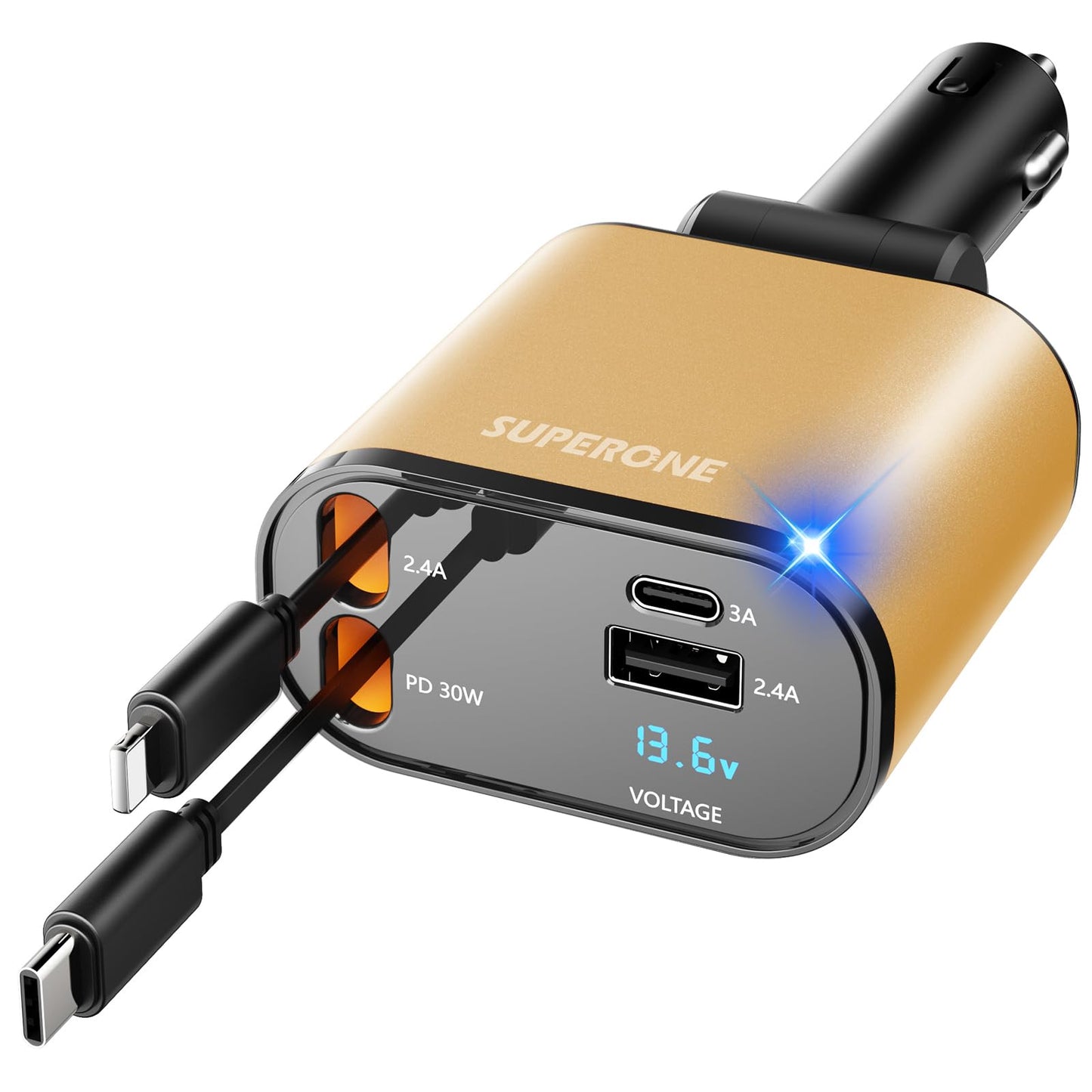 【Upgraded】 SUPERONE Retractable Car Charger 4 in 1, Fast Car Phone Charger with Cord 2.6ft, USB C and Apple Car Adapter, Compatible with iPhone 16 15/15 Pro Max/14/13/12/11, Galaxy, Pixel