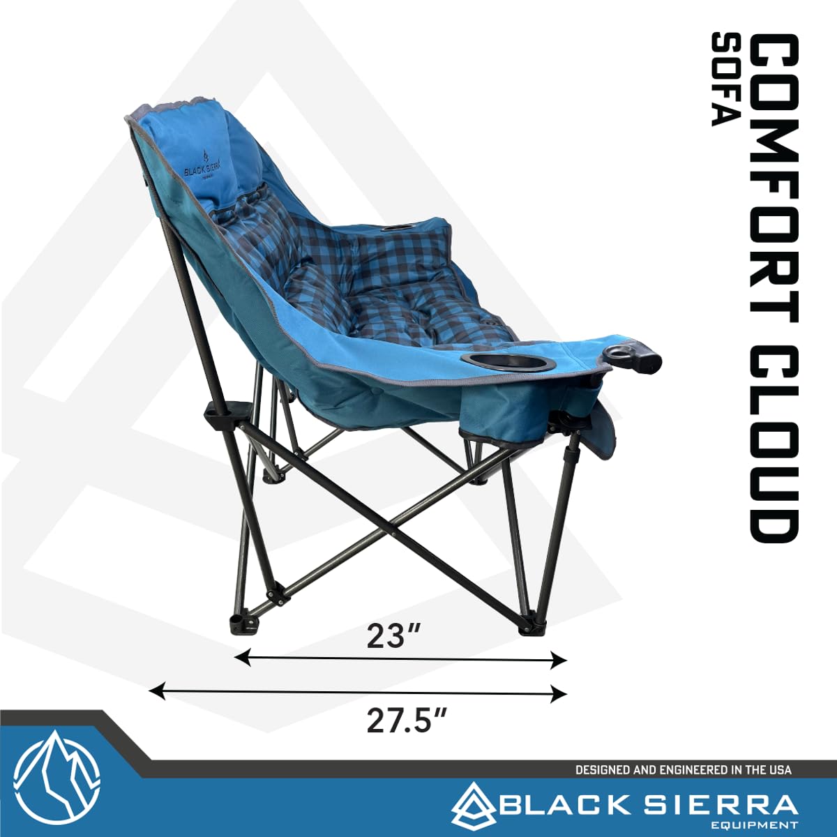 Black Sierra Oversized Plush Padded Camping Sofa, Portable Outdoor Loveseat Supports 500 Lbs, XL Foldup Couch w/Dual Cupholders and Carry Bag, Great for Beach, Camping, RV, Patio