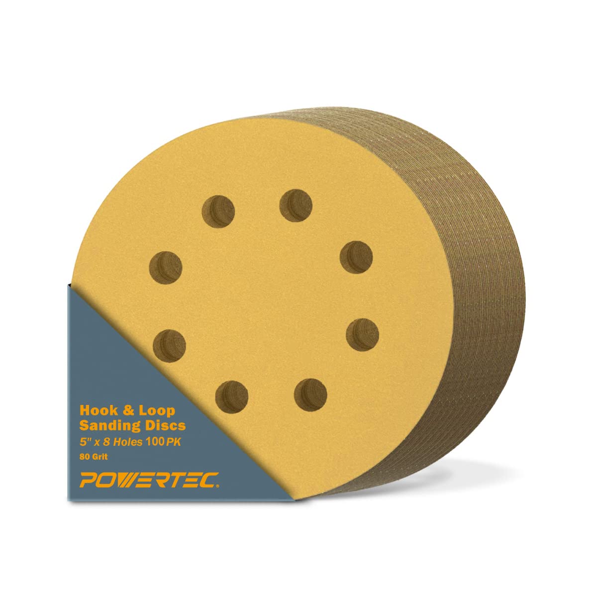 POWERTEC 50 PCS 220 Grit - 5 Inch 8 Hole Hook and Loop Sanding Discs, 5" Sanding Pads for Automotive, Drywall, Woodworking with Orbital Sander, Air, and DA Sander (44022G-50)