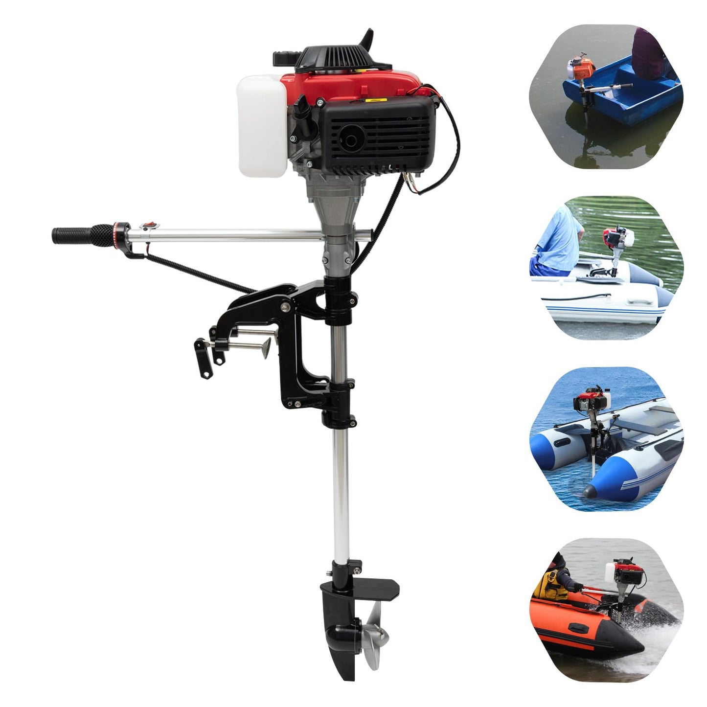 6HP Heavy Duty Outboard Motor, 170cc 4 Stroke Gas Outboard Boat Motor Engine with Air Cooling System, 3.2KW Single Cylinder Fishing Boat Engine for 3-7m Length