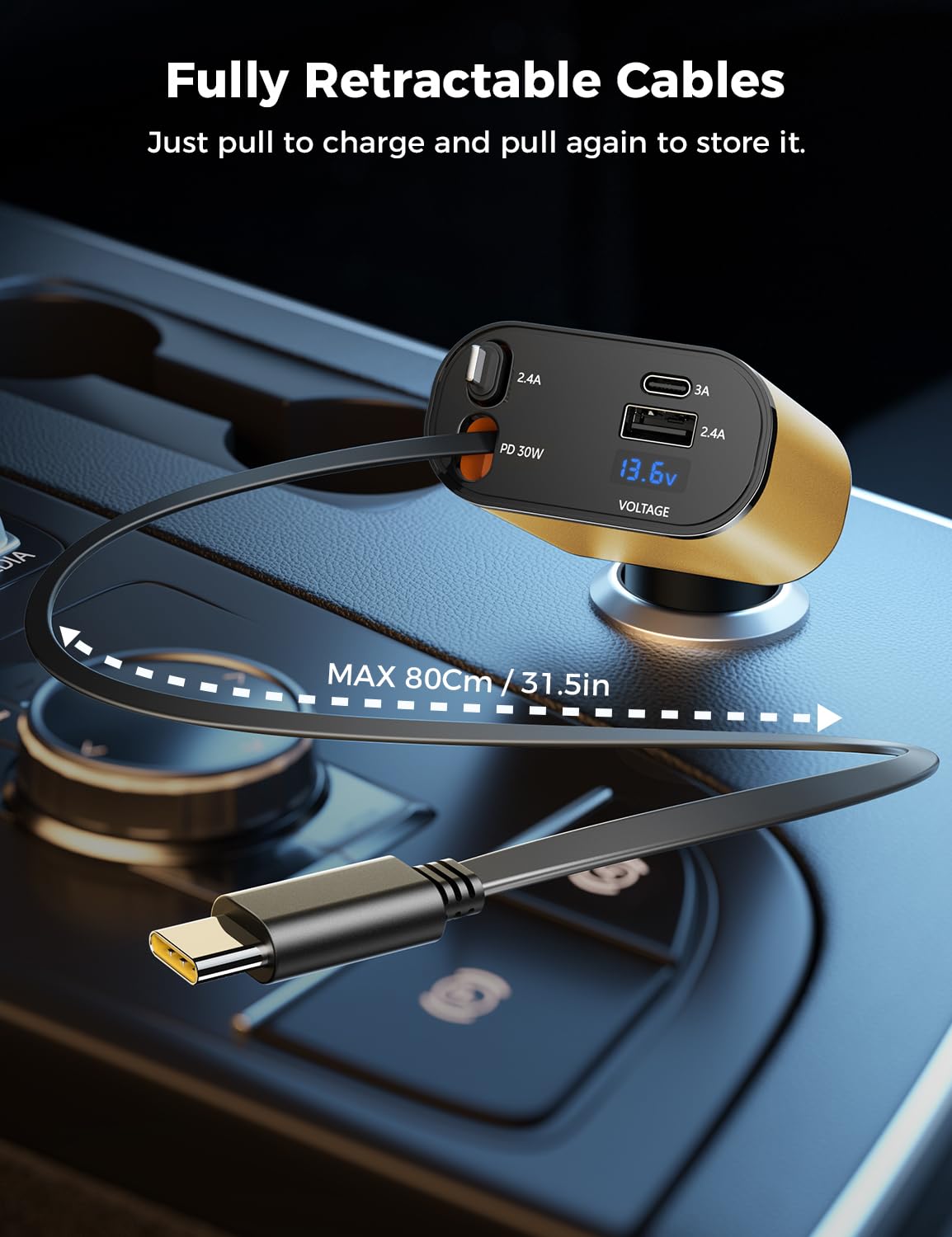 【Upgraded】 SUPERONE Retractable Car Charger 4 in 1, Fast Car Phone Charger with Cord 2.6ft, USB C and Apple Car Adapter, Compatible with iPhone 16 15/15 Pro Max/14/13/12/11, Galaxy, Pixel