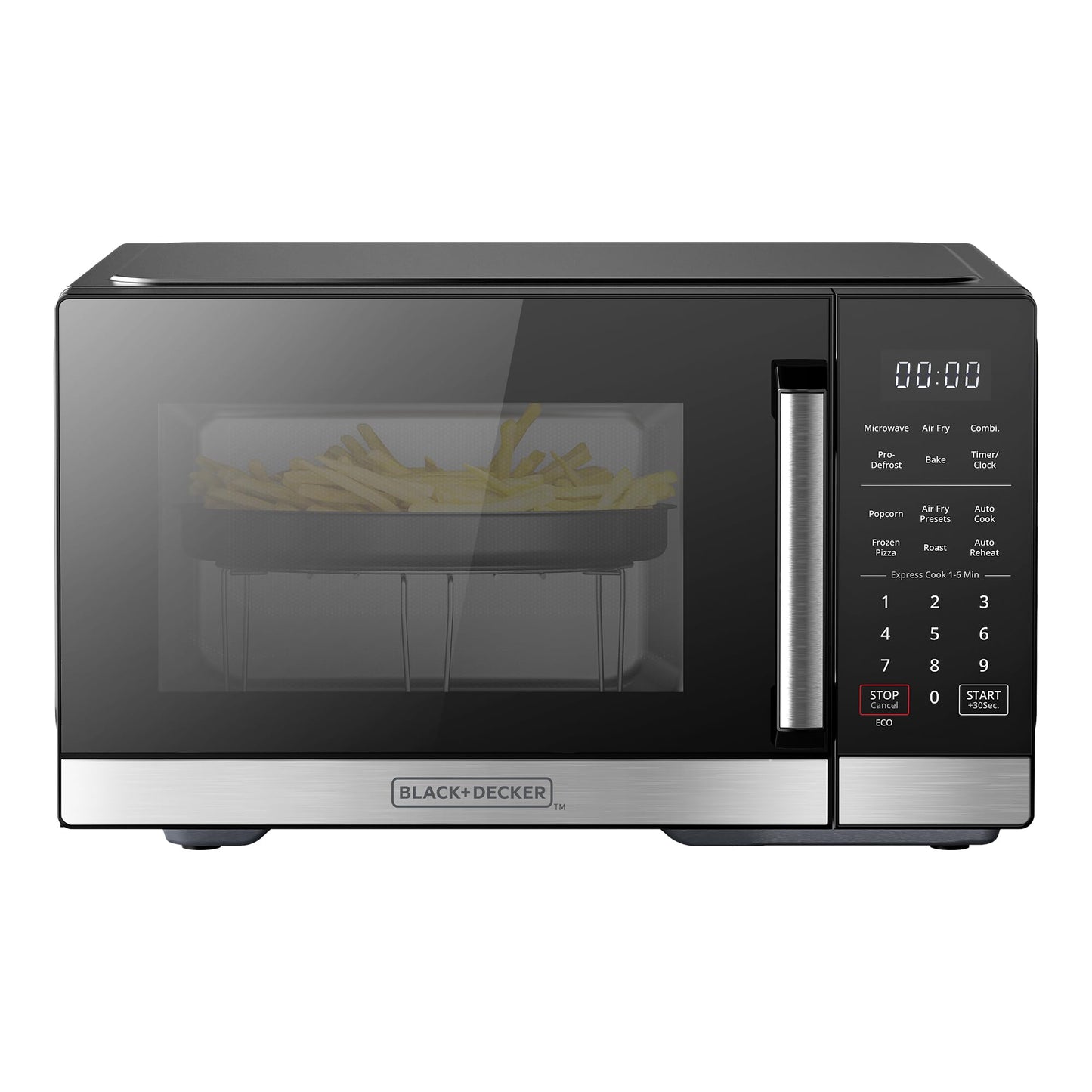BLACK+DECKER EM720CB7 Digital Microwave Oven with Turntable Push-Button Door, Child Safety Lock, 700W, Stainless Steel, 0.7 Cu.ft