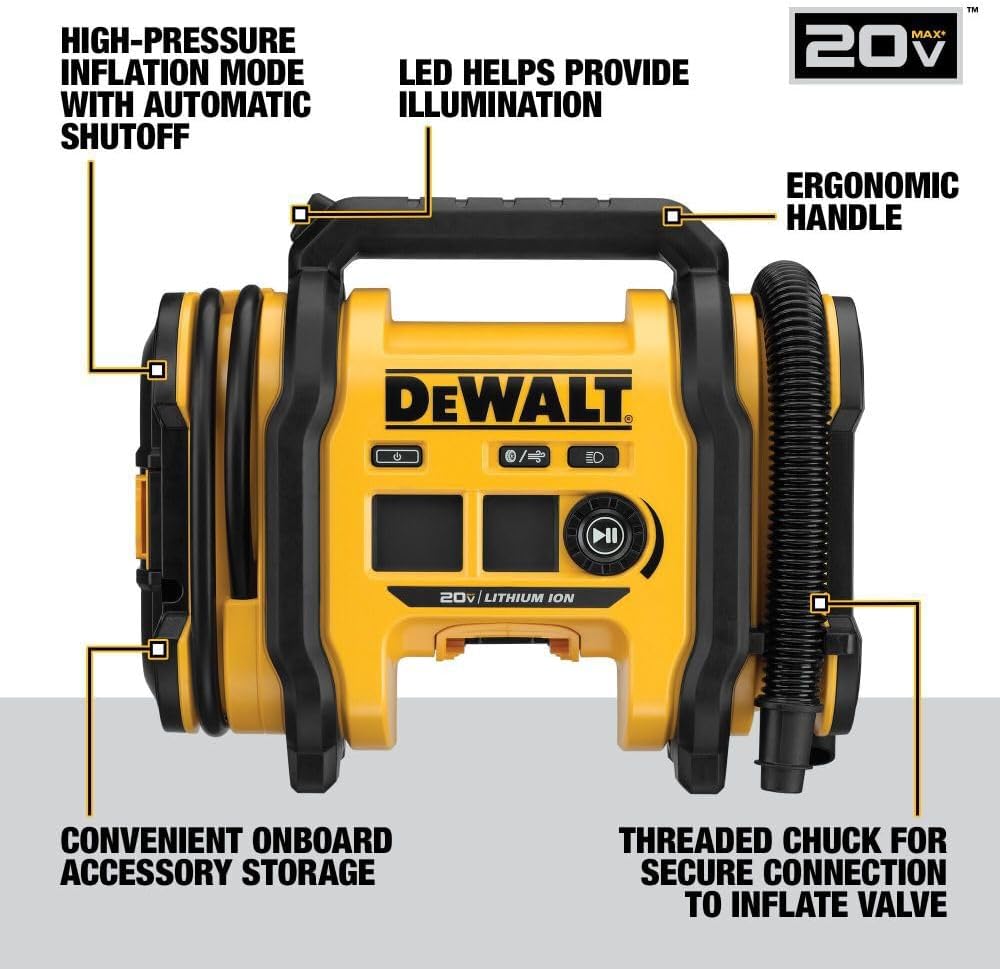 DEWALT Tire Inflator Portable Air Compressor 20V MAX, Air Pump with Automatic Shut Off, LED Light, Tool Only (DCC020IB)
