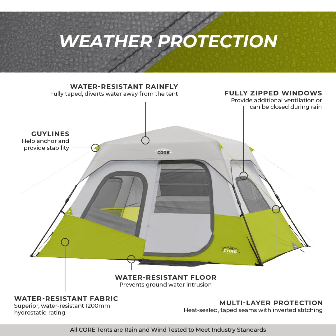 CORE Instant Cabin Tents | 6 Person / 9 Person / 10 Person / 12 Person Family Cabin Multi Room Pop Up Tents Car Camping | Included Storage Pockets for Camping Accessories