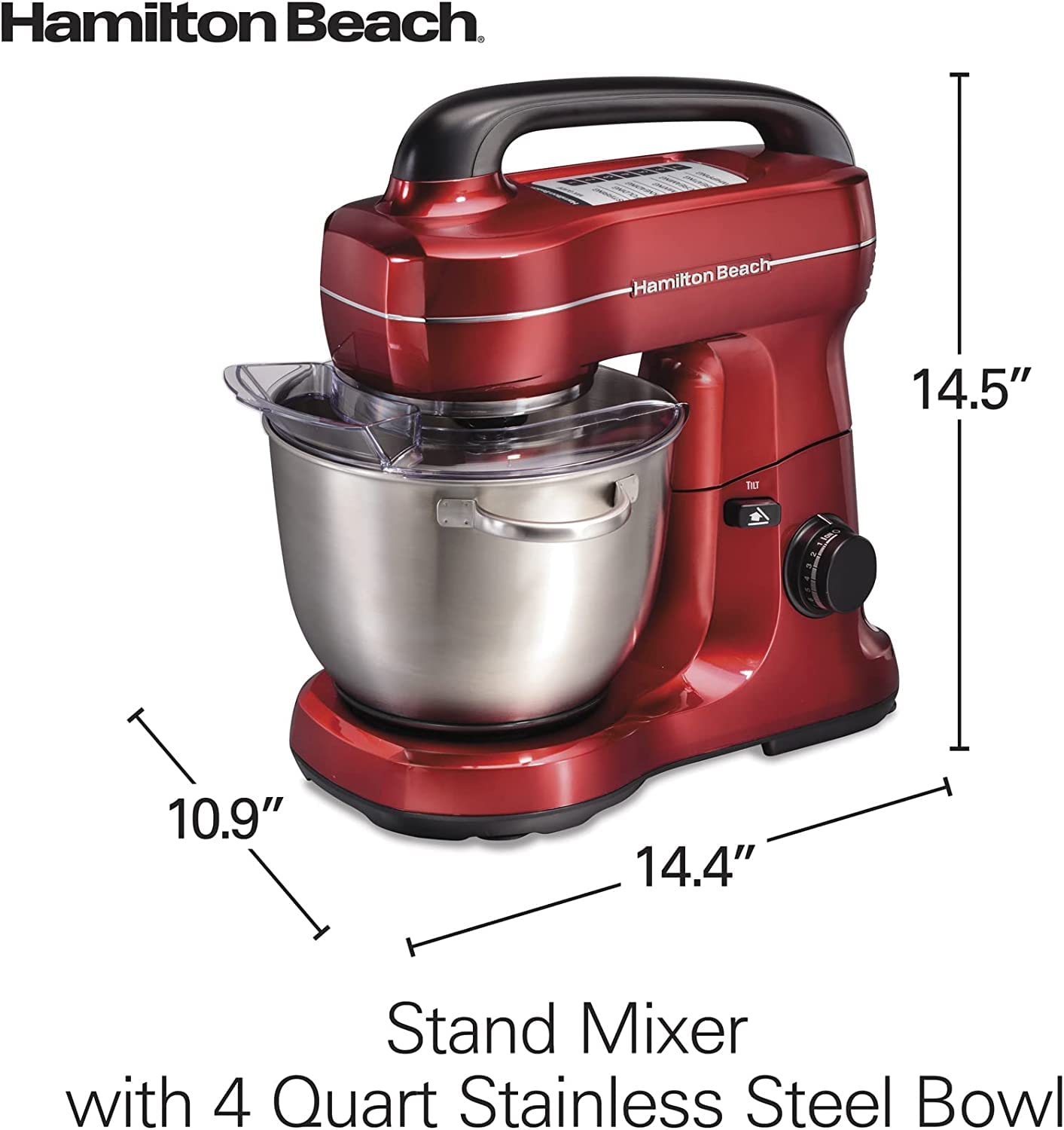 Hamilton Beach Electric Stand Mixer, 4 Quarts, Dough Hook, Flat Beater Attachments, Splash Guard, 7 Speeds with Whisk, Easy-Carry Top Handle, Blue