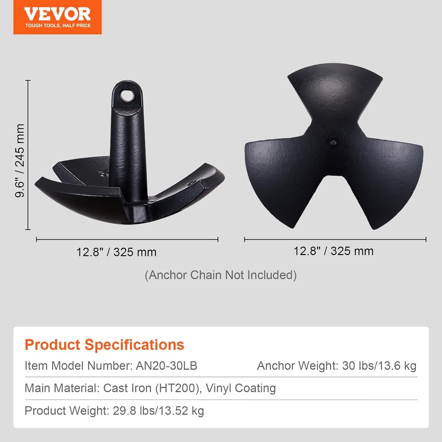 VEVOR River Anchor, 30 LBS Boat Anchor Cast Iron Black Vinyl Coated, Marine Grade Mushroom Anchor for Boats Up to 30 ft, Impressive Holding Power in River and Mud Bottom Lakes (30 lb)