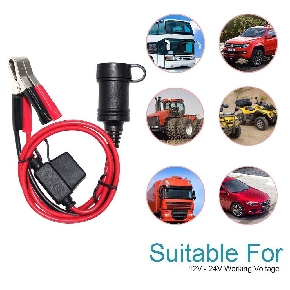SPARKING 12FT 12V Female Car Socket Extension Cord with Battery Alligator Clips Car Battery Clip-on Extension Cable, 15A Fuse (12FT)
