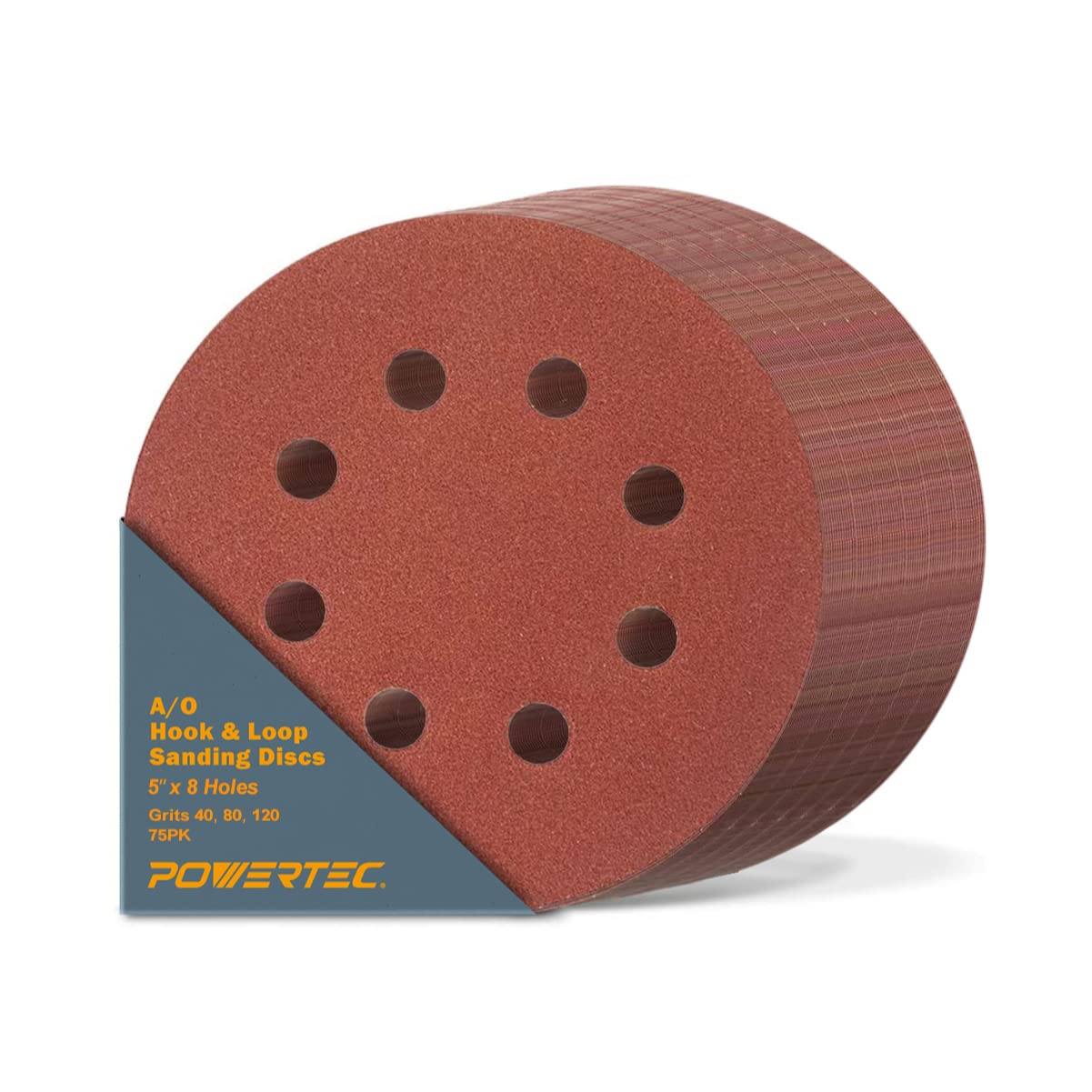 POWERTEC 100PK, 40/80/120/220/320 Grits, 5 Inch 8 Hole Hook and Loop Sanding Discs, Aluminum Oxide Sandpaper Discs, Woodworking Sanding Pads for Random Orbital, Palm, Air & Pneumatic Sander (45000)