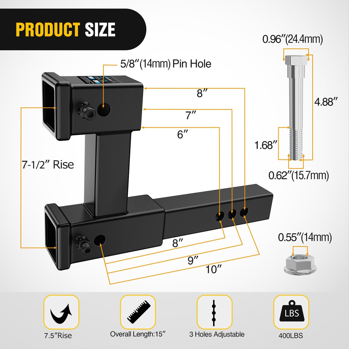 Nilight Trailer Hitch Receiver Extender Adapter Reducer 1-1/4 to 2Inch Hitch Adapter 6-1/2 inch Extension Sleeve Convertor 350Lbs with 1/2-Inch Diameter Pin and Clip with 5/8-Inch Adapter