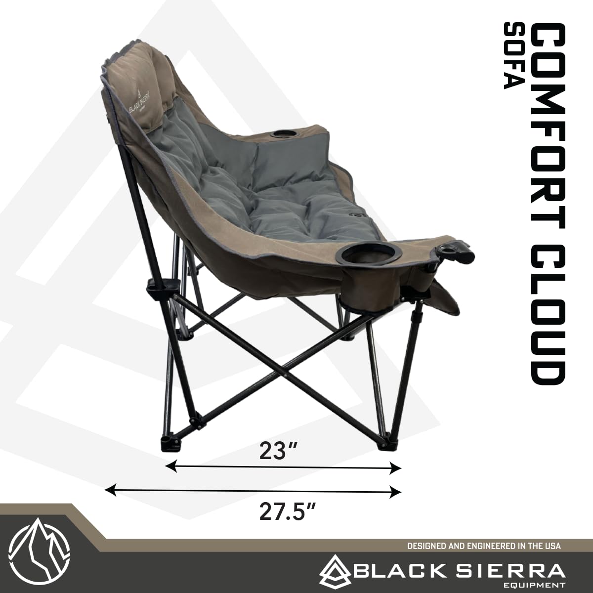 Black Sierra Oversized Plush Padded Camping Sofa, Portable Outdoor Loveseat Supports 500 Lbs, XL Foldup Couch w/Dual Cupholders and Carry Bag, Great for Beach, Camping, RV, Patio