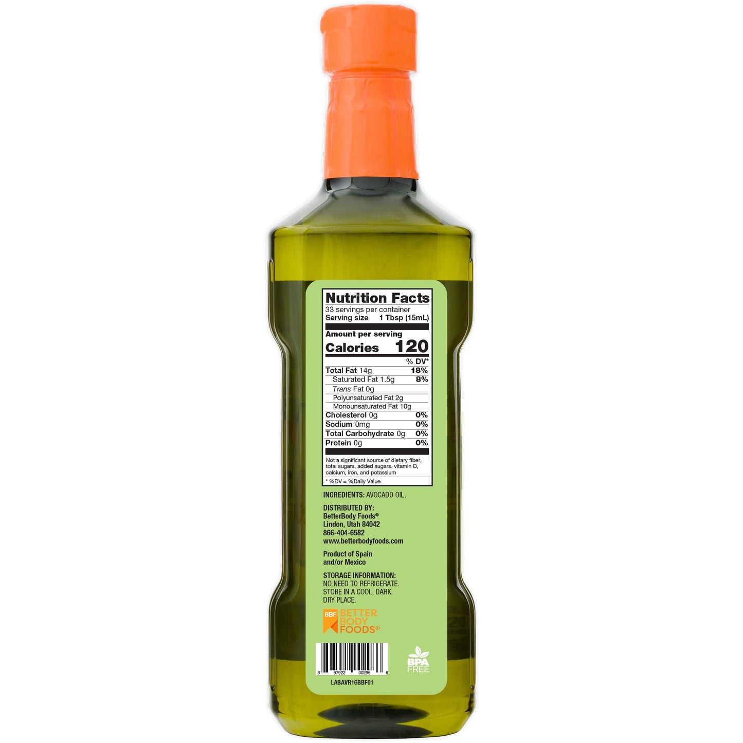 BetterBody Foods Refined Avocado Oil, Non-GMO Cooking Oil, Kosher, Keto and Paleo Diet Friendly, Frying, Baking, Avocado Oil, 500 mL, 16.9 Fl Oz