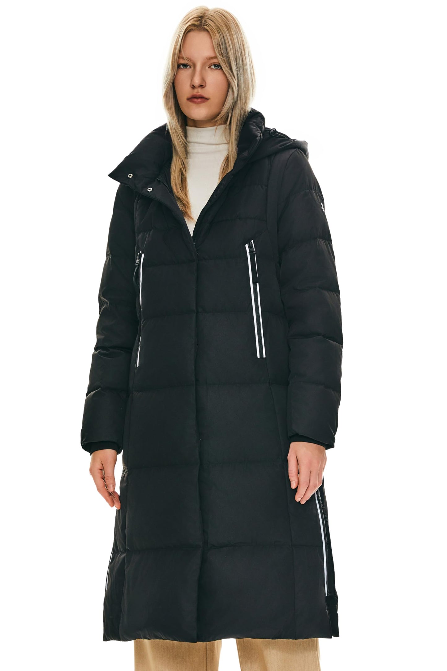 Orolay Women's Thickened Long Down Jacket Winter Down Coat Hooded Puffer Jacket with Side Zipper