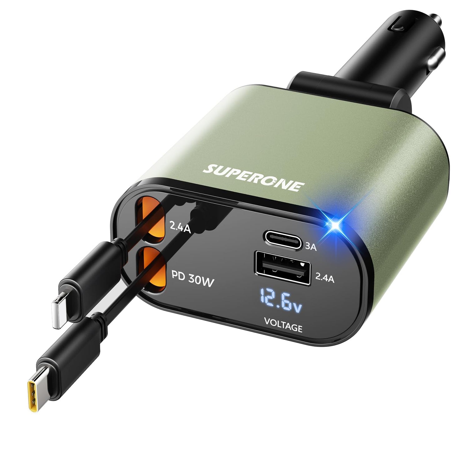 【Upgraded】 SUPERONE Retractable Car Charger 4 in 1, Fast Car Phone Charger with Cord 2.6ft, USB C and Apple Car Adapter, Compatible with iPhone 16 15/15 Pro Max/14/13/12/11, Galaxy, Pixel