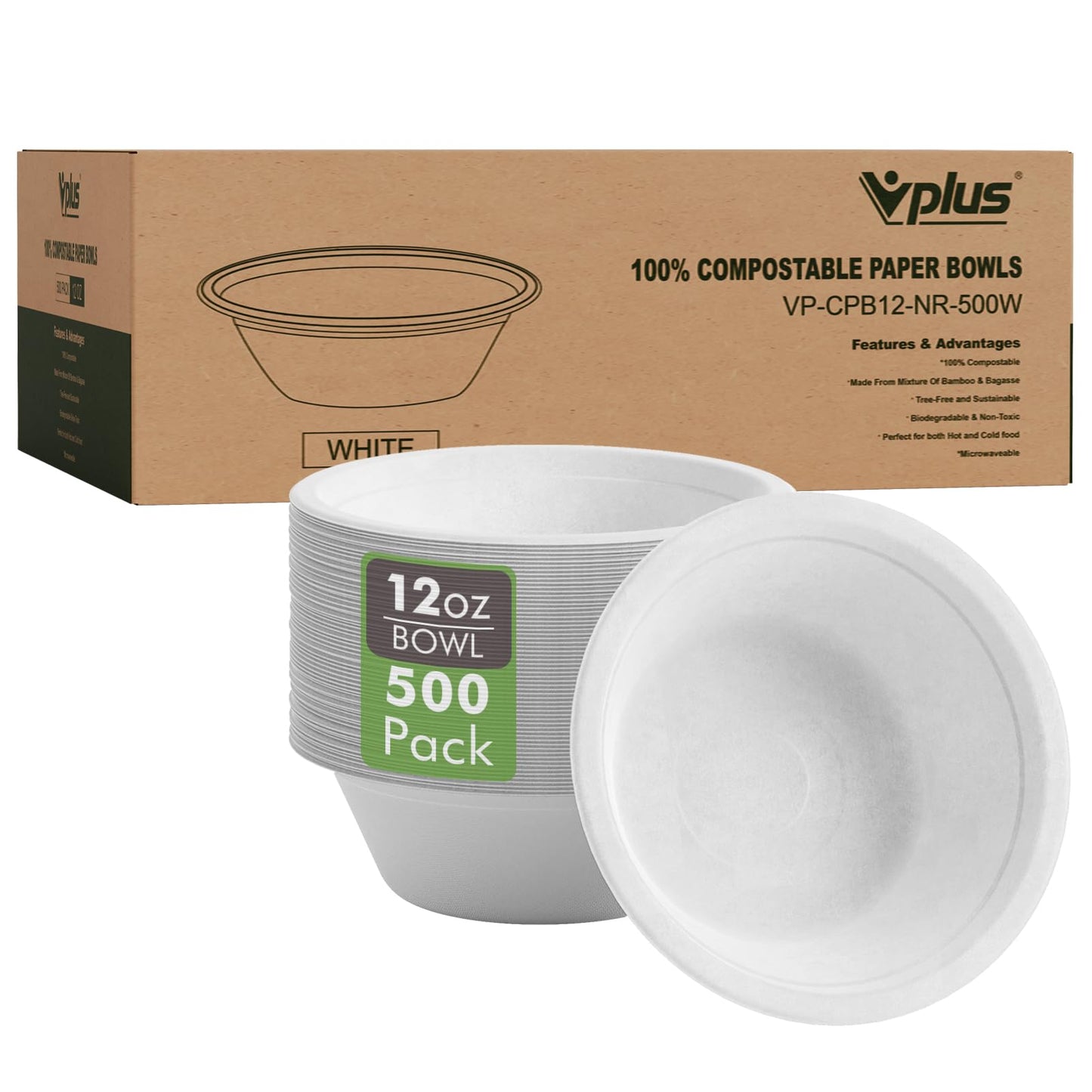 Vplus 500 Pack 12 OZ Paper Bowls Bulk, Disposable Compostable, Eco-friendly Bagasse, Heavy-duty Bowls Perfect for Milk Cereals, Snacks, Salads