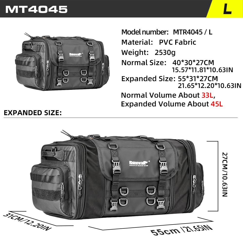 Rhinowalk Motorcycle Tail Bag, Expandable Motorcycle Travel Luggage Bags 60L, Waterproof All-Weather Trunk Rack Bag with Sissy Bar Straps & Helmet Rain Cover – Black