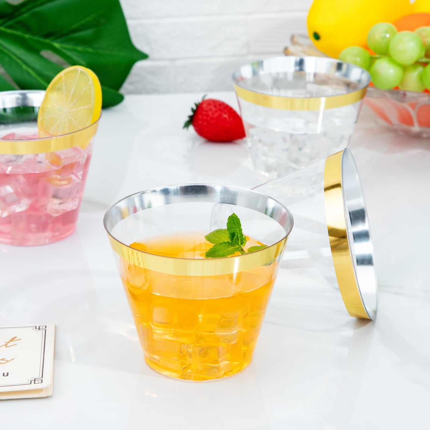 I00000 200 Pack Gold Plastic Cups, 9 Oz Elegant Clear Plastic Cups Gold Rimmed Disposable Wine Glasses Fancy Disposable Party Cups Wedding Cups Drinking Tumblers Plastic Cocktail Glasses with Gold Rim